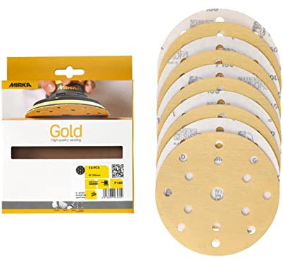 Mirka Gold Universal-Schleifpapier Ø 150mm Schleifscheiben Klett 15-Loch, Korn P180, 10 Stk/Zum Schleifen von Gips, Spachtel, Spanplatten, Holz, Lack