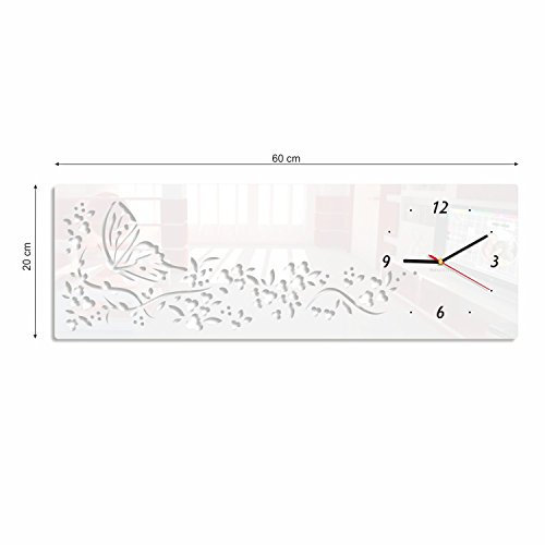 FLEXISTYLE Moderne Wanduhr Schmetterlinge in Querformat, ohne Ticken 20 x 60 cm Bianco