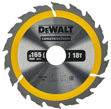 Dewalt Construction Bau-Kreissägeblatt für Handkreissägen DT1936 (165/30, 18WZ, 20°, mit Reduzierringe, für schnelle Schnitte auf Handkreissägen, extrem robust & nagelfest)