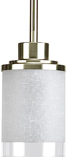 Progress Lighting P5147-09 1-Light Mini-Pendant with White Linen Finished Glass Is Complemented with a Clear Edge Accent Strip, Brushed Nickel