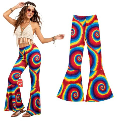 Fun Shack Hippie Kostüm Damen, 70er Jahre Halloween Kostüm Damen | Bunte Schlaghose, Psychedelisches Batik-Muster, Zum Überziehen, Perfekt für Halloween, Ideal zum Verkleiden