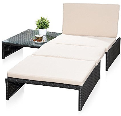 Melko vielseitiges Gartenmöbel-Set – Sonnenliege, Sitzbank oder Zwei Stühle mit Rückenlehne, mit Tisch aus Polyrattan, Gartenliege robust und wetterfest, Schwarz