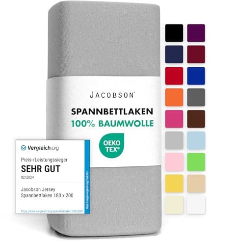 Jacobson Jersey Spannbettlaken Spannbetttuch Baumwolle Bettlaken (140x200-160x200 cm, Grau)