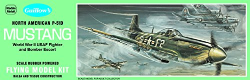 Guillow's North American P51D Mustang Model Kit - 17 in Balsa Wood Plane | WWII Fighter Airplane with Rubber Power Motor, Plastic Cowl, Canopies and Decals, Easy to Build Flying Toy Made in USA