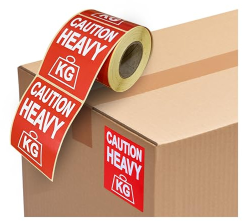 Price Stickers Bright Red Warning Stickers Caution Heavy 500 Pack 80x103mm | Permanent Adhesive, Easy Peel, Residue-Free, High Visibility Paper Sticker, Parcel Shipping, Moving House & Storage Boxes