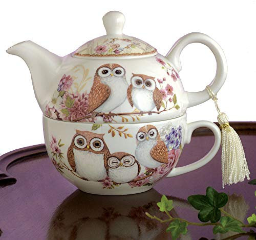 Bits and Pieces Home and Kitchen Décor-Tea for One Owls Porcelain Teapot and Cup - Adorable Owl Design with Delicate Tassel on Teapot Handle