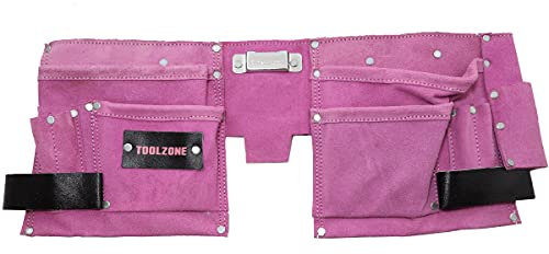Toolzone 11 Pocket PINK Double Leather Tool Pouch includes Tape / Hammer holder by Toolzone