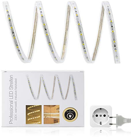 LED Universum 22 Meter Professional LED Streifen warmweiß, 60 LED/m, IP68, 230V, 3528 SMD, 5W/m, 300 lm/m, inkl. Netzkabel (Eurostecker), für Außen- und Feuchtbereiche