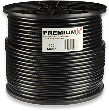 Premium X DELUXE PRO 100m Koaxial Kabel SCHWARZ 135 dB 5-Fach geschirmt reines Kupfer SAT Antennenkabel 100 m (0,52EUR/M)
