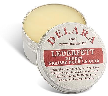 DELARA Graisse pour cuir de haute qualité, nourrit, imprègne et entretient les chaussures, sacs, selles d'équitation et meubles en cuir, boîte de 100 ml - incolore