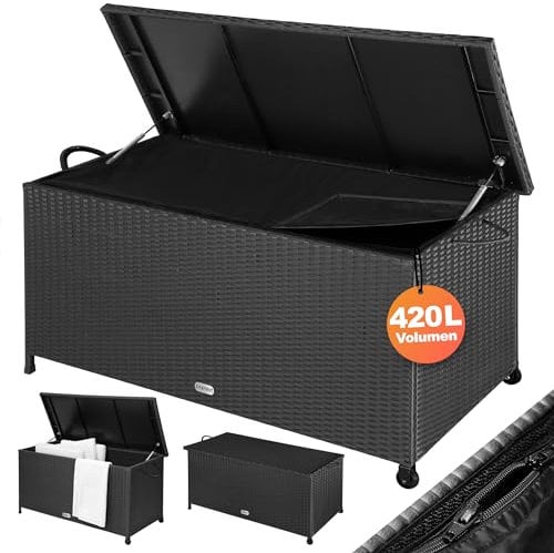 CASARIA® Baúl de Almacenamiento Exterior XXL 270L 117x53x60cm Poliratán Negro 2 Ruedas y Asas Arcón de Jardín
