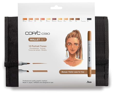 COPIC Ciao Set « Couleurs Portrait », Set de 12 pièces dans un Wallet, Twin Marker avec une pointe moyenne et une pointe Brush