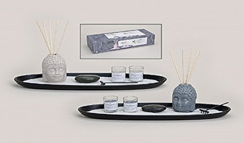 G. Raumduft-Set Buddha mit 12 Teilen, Zen-Garten, eine Schale mit Buddhakopf mit Stäbchen und Duftkerzen