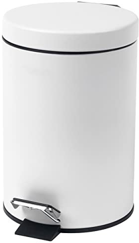 Beldray LA038098WHTEU7 Badezimmer-Fußpedal-Mülleimer - Kleiner runder Edelstahl-Hygienemülleimer für Schlafzimmer, Büro, Küche, WC, weicher Schließmechanismus, herausnehmbarer 3L-Innenbehälter, Weiß