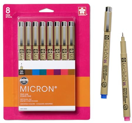 SAKURA Pigma Micron Fineliner, 05 Tip, Ass't Archival Colors, 8 PK 30066