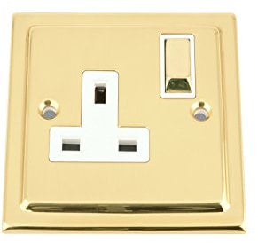 Wall Socket 1 Gang - Victorian Polished Brass - White Insert - Metal Rocker Switch - 13A Single Plug Socket