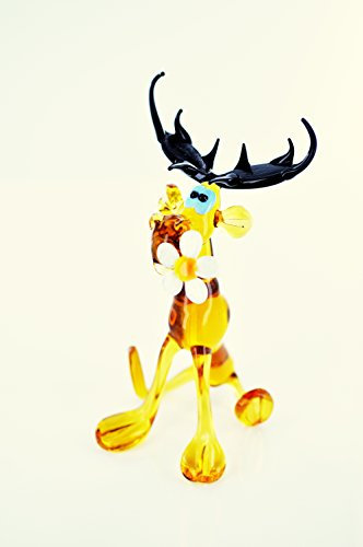 Elch mit Blume aus Glas - Figur sitzender Brauner Elch Groß - Glasfigur Glastier Deko Vitrine