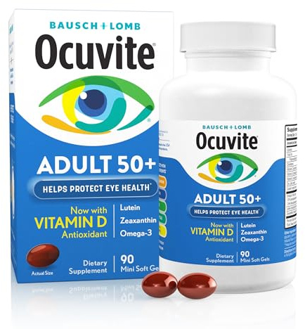 Ocuvite 50+ Eye Vitamin & Mineral Supplement, Multivitamin for Vision & Ocular Health with Omega-3, Zinc, Vitamins C & E, Lutein & Zeaxanthin, Zinc Supplements for Women and Men, 90 Softgels