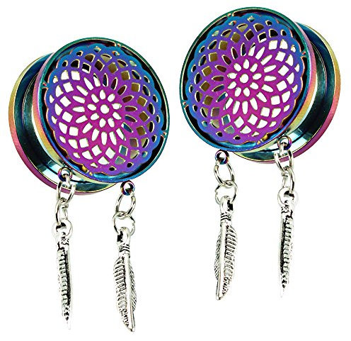 CHICNET Schraub Tunnel Regenbogen Edelstahl Blume Traumfänger Federn silbern Anhänger 14 mm