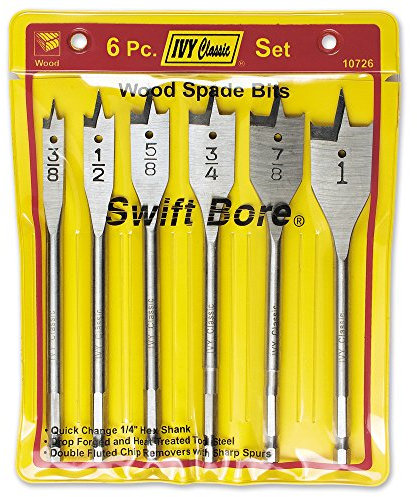 IVY Classic 10726 Swift Bore® 6-Piece Wood Spade Bit Set, High-Carbon Steel, Sturdy Vinyl Pouch