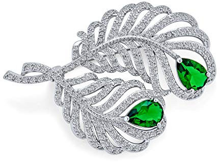 Épingle De Style Vintage Classique Et Élégant Avec Double Éventail De Plumes De Paon En Micro Pave CZ Pour Femmes Simulée Emeraude Verte Teardrop Laiton Plaqué Rhodium Argent