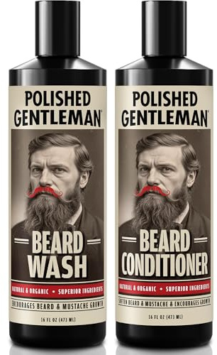 Polished Gentleman Beard Wash & Beard Conditioner Set - Biotin, Tea Tree, Aloe Vera, Manuka Honey, Argan Oil – Softens, Smooths & Hydrates Facial Hair – Paraben & Sulfate Free Shampoo Made in USA 16oz