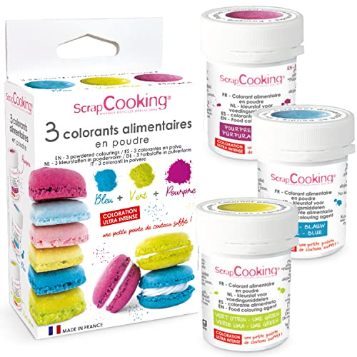 ScrapCooking - 3 Colorants Artificiels en Poudre - Bleu, Vert, Pourpre - Colorants Alimentaires Pâtisserie Comestibles - Gâteaux, Biscuits & Pâte à Sucre - Fabriqués en France - 4014