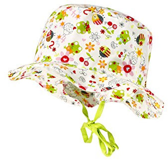 maximo Mädchen Mütze Hut mit Ohrenklappen und Bindeband, UPF 30, Gr. 47 cm, Mehrfarbig (weiß-grün-Frösche 26)