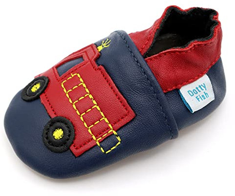 Dotty Fish Krabbelschuhe aus Leder – rutschfeste, weiche Sohle, Barfußgefühl, Lauflernschuhe & Babyschuhe für Jungen, Navy und rot Feuerwehrauto, 4-5 Jahre (28 EU)