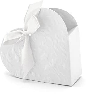 PartyDeco Geschenkbox Herz mit Schleife – Gastgeschenk Hochzeitsdeko Schachtel – Weiß, 10 x 9 x 3 cm, 10 Stück
