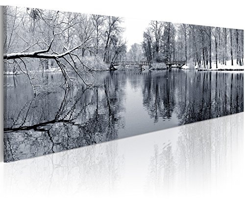 B&D XXL - Tableau Décoration 120x40 cm 1 Partie - Impression sur Toile Cadre en Bois Salon Chambre Déco Murale Tableaux Maison Bureau Cuisine - Lac de la forêt d'hiver 9050028