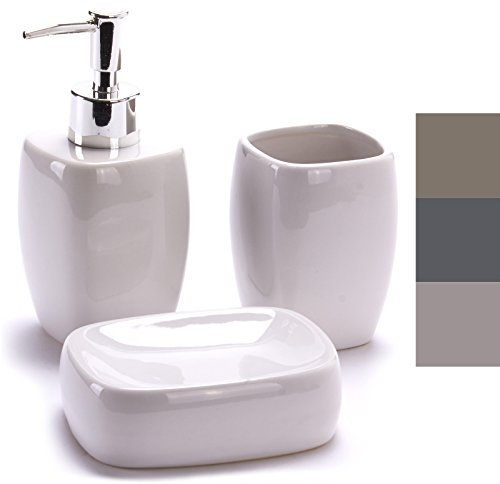 MSV Lot d‘Accessoires Salle de Bains 3 pièces Céramique - Distributeur de Savon, Porte Savon, Gobelet - Blanc