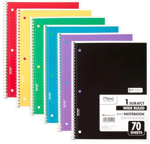 Mead Spiralnotizbuch, 6 Stück, 1 Fach, breit liniertes Papier, 19,8 x 26,7 cm, 70 Blatt pro Notizbuch, Farbe variiert (73063)
