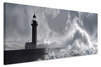 150x50cm Leinwandbild auf Keilrahmen Meer Ozean Sturm Welle Leuchtturm Wandbild auf Leinwand als Panorama