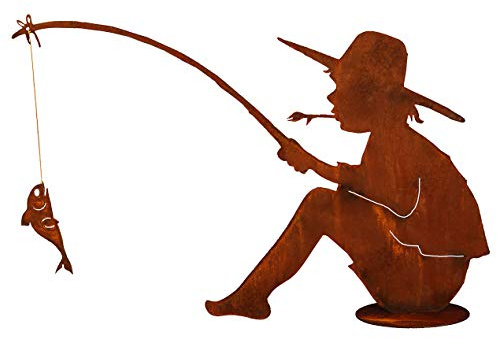 Angler MIT Fisch 60x90cm Rost Edelrost Metall Rostfigur Teich Gartendeko + Original Pflegeanleitung von Steinfigurenwelt