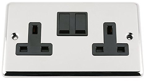A5 Products Double Socket 2 Gang - Polished Chrome - Classic - Black Insert Plastic Switch - 13A Double Wall Plug Socket