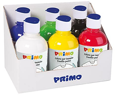PRIMO – Acrylfarben, 6 Farben für Kinder ab 3 Jahren, 300 ml, Permanente, Matte und Abdeckende Textilfarben, Acryllack für Schreibwaren, Kreative Arbeiten und Malerei