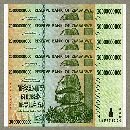 Zimbabwe 20 Billion Dollars x 5 pcs 2008 P86 Consecutive UNC Currency Bills