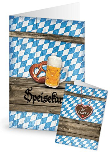 Logbuch-Verlag 50 Menükarten blau weiß braun mit Rautenmuster - Bayern Speisekarte rustikal bayerisch - Klappkarte zum Bedrucken