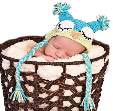 LadyMYP©Handgemachte Strickmütze, Babymütze, Kindermütze, Hüte, 100% Wolle, Mütze Uhu - Blau/Grün