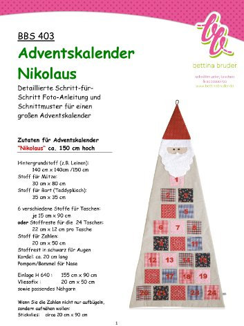 BBS 403 Schnittmuster für Adventskalender Nikolaus - mit Fotoanleitung bettinabruder®