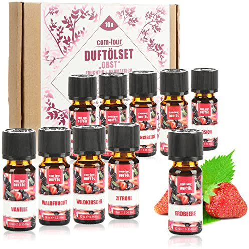 com-four® 10x duftende Öle im Set - Raumduft Obst - Duftöl für Aroma-Diffusoren, Lufterfrischer, Wasser-Verdampfer, Luft-Befeuchter (10er Mix Obst)