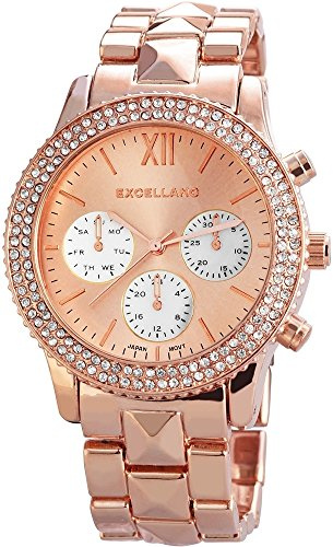 Excellanc Damen-Uhr Gliederarmband Metall Faltschließe Strass Analog Quarz 1800036 (roségoldfarbig)
