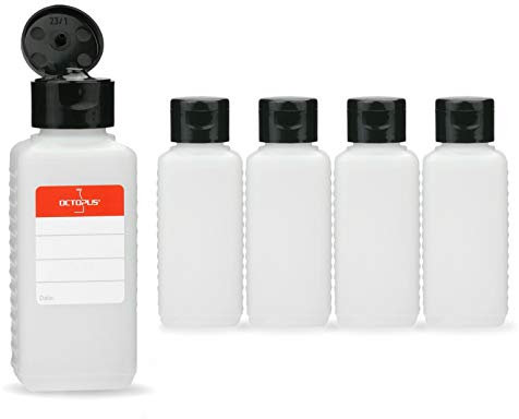 Octopus 5 x 100 ml Kunststoffflaschen, HDPE Plastikflaschen mit schwarzem Klappverschluss, Leerflaschen mit schwarzem Scharnierverschluss, Vierkantflaschen inkl. Beschriftungsetiketten