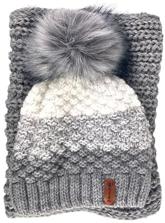 Tammy Damen Strickset Mütze + Schal, Beanie mit Fellbommel (kein Echtfell) + Schlauchschal, Einheitsgröße (weiß wollweiß beige) Veilo 36.64