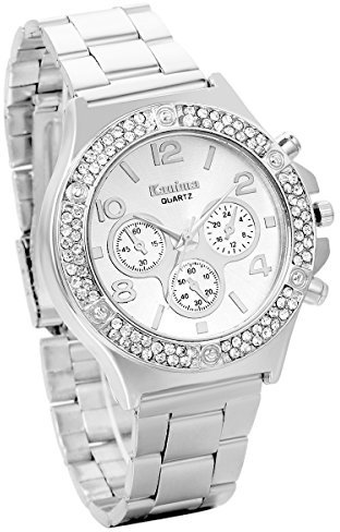 JewelryWe Herren Damen Armbanduhr, Elegant Business Casual Edelstahl Band Quarz Analog Uhr mit Doppel Reihe Strass Digital Zifferblatt, Silber