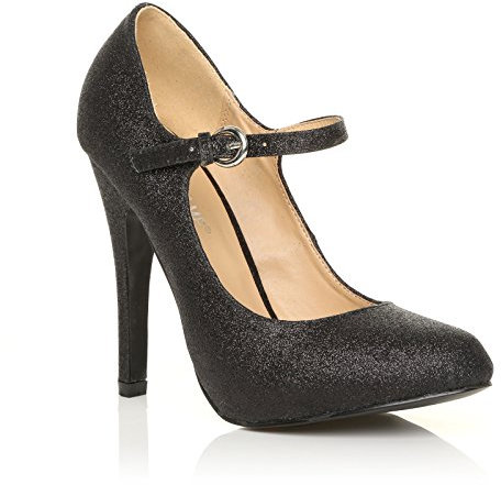 New Womens Ladies HIGH Heel Mary Jane Ankle Strap Court Shoes Size 3-8 Black Glitter