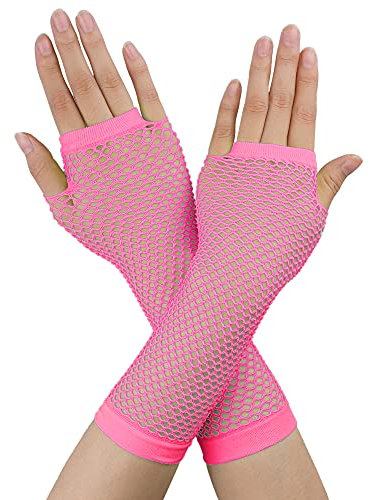 sourcing map Guantes de rejilla sin dedos para mujer de colores para disfraces de los años 80, suministros para fiestas, accesorios para disfraces Rosa claro Long-1Pair