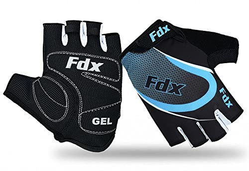 FDX Half Finger Cycling Gloves - Breathable, Gel Padded Protection, Anti-Slip - Fingerless Shock-absorbing Mitts for Mountain Bike, Road Bicycle, MTB, Riding, Men and Women (Blu, M)