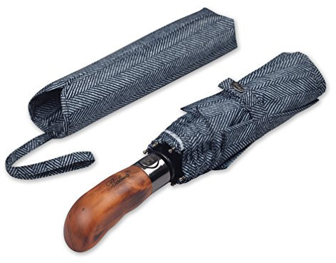 Balios Travel Umbrella Wood Handle Auto Open Close Single Canopy Herringbone